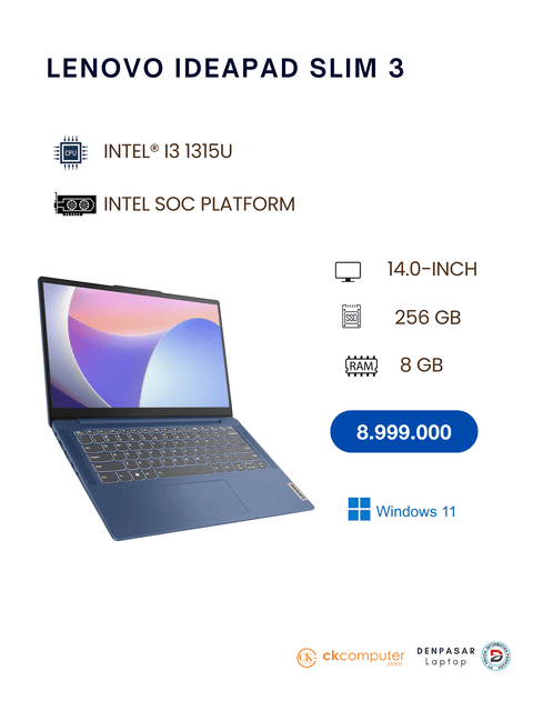 Lenovo Ideapad Slim 3 14IRU8 Intel Core I3 1315U RAM  8GB/SSD 256GB/W11+OHS/Display 14/Arctic Grey