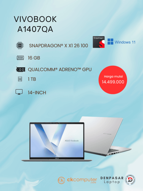 Asus A1407QA-VIPSP111M Snapdragon X X126100 RAM 16GB/SSD 1TB/W11+OHS/Display 14/Platinum gold